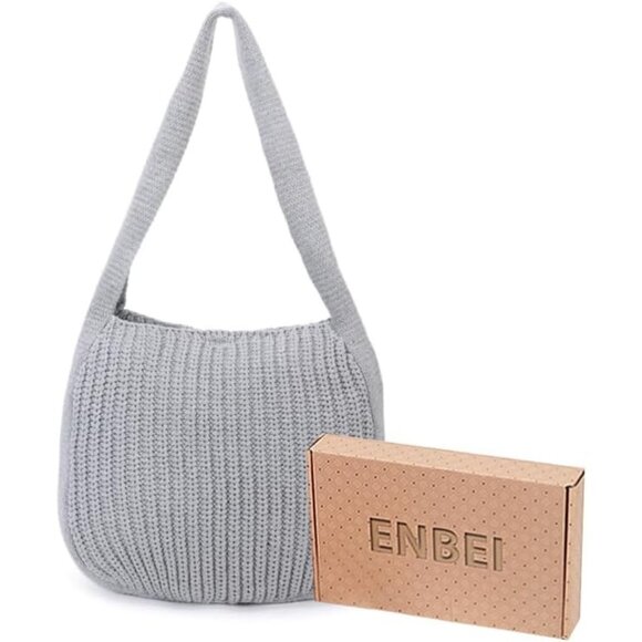 Women's Grey Shoulder Handbags Crocheted Bags Large Knit Bag Tote Bag - Picture 3 of 9